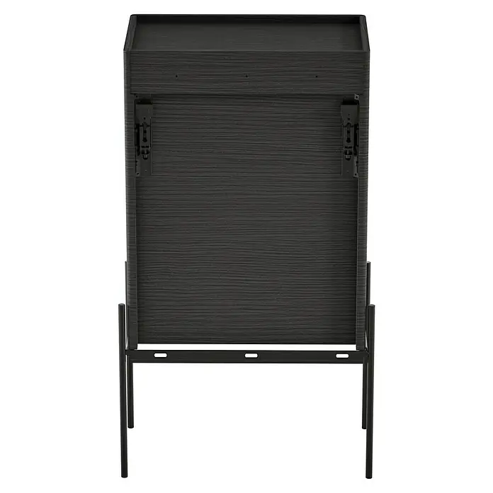 VitrA Equal Bad-Midischrank - B x T x H: 45 x 27 x 85 cm, Schwarz-Eiche, DIN Anschlag: Rechts - Nahaufnahme eines stilvollen Nachttisches mit dunkler Holzmaserung und minimalistischem Design. Ideal für moderne Schlafzimmer.