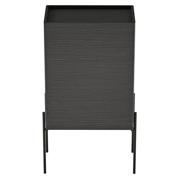 VitrA Equal Bad-Midischrank - B x T x H: 45 x 27 x 85 cm, Schwarz-Eiche, DIN Anschlag: Rechts - Nahaufnahme eines grauen Nachttisches mit horizontaler Maserung und schwarzem Metallgestell, der ein modernes Design zeigt.