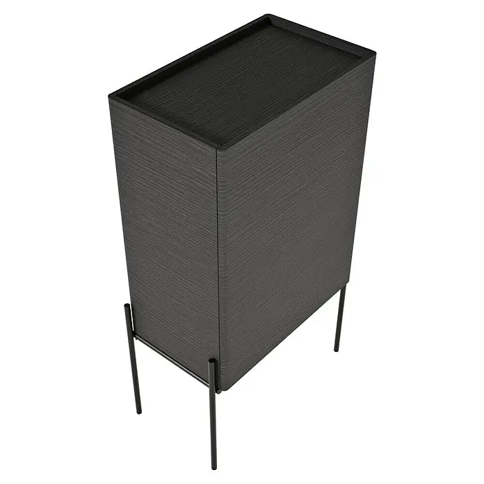 VitrA Equal Bad-Midischrank - B x T x H: 45 x 27 x 85 cm, Schwarz-Eiche, DIN Anschlag: Rechts - Elegantes, dunkles Sideboard mit Holzmaserung und filigranen Metallbeinen. Ein stilvolles Möbelstück, das modernes Design verkörpert.