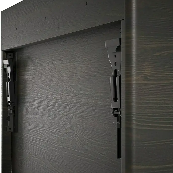 VitrA Equal Bad-Midischrank - B x T x H: 45 x 27 x 85 cm, Ulme, DIN Anschlag: Links - Detailaufnahme der schwarzen Wandbefestigung mit dem Holzschrank. Die perfekte Lösung für die Befestigung von Möbeln an der Wand.