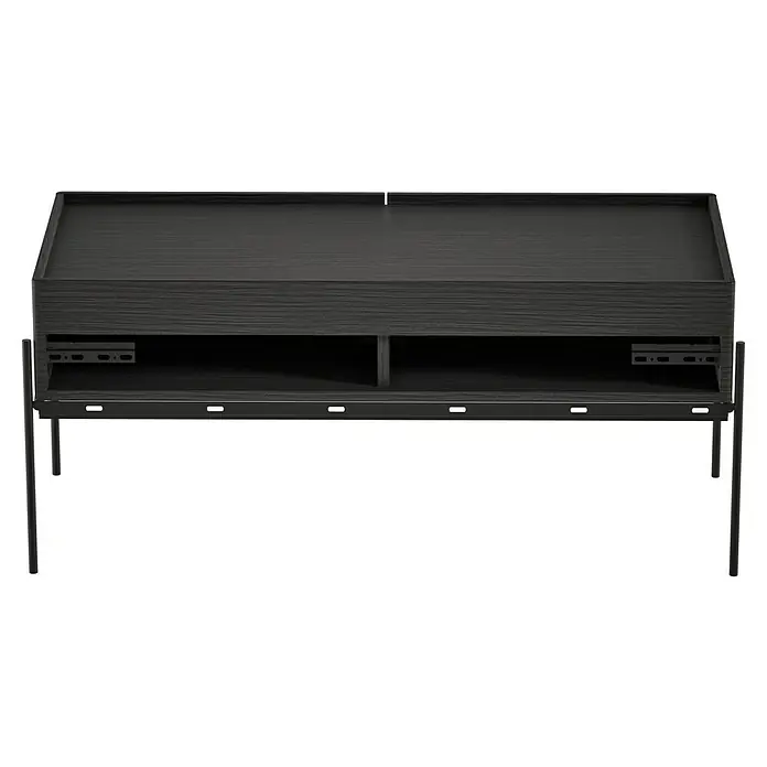 VitrA Equal Unterschrank - B x T x H: 102 x 42 x 44,5 cm, Schwarz-Eiche - Nahaufnahme eines modernen Schreibtisches in dunkler Holzoptik mit minimalistischem Design und stabilen Metallbeinen.