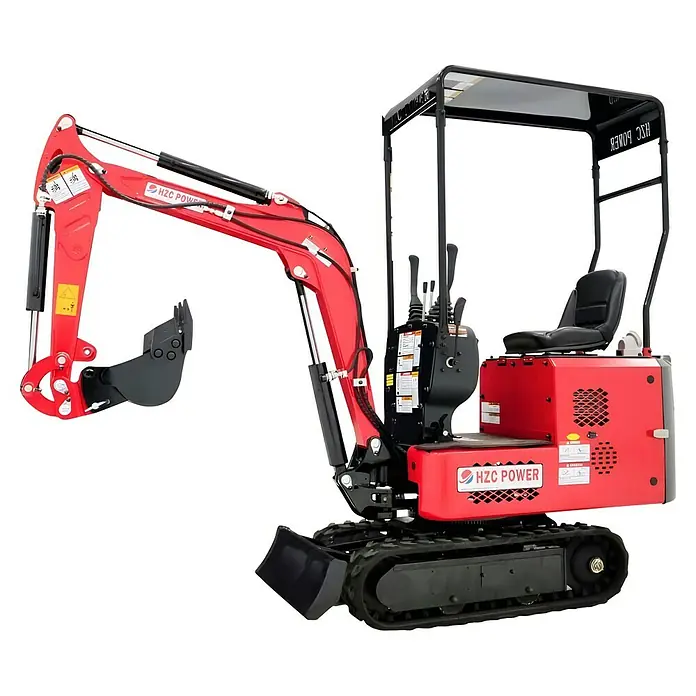 HZC Power Minibagger EBKB810K - 2,2 kW, Benzin, Auslegerschwenkbereich: -60 ° - 60 ° - Roter Minibagger mit HZC Power Logo. Ideal für Bauarbeiten und kleine Projekte mit seiner robusten Bauweise und Manövrierfähigkeit.