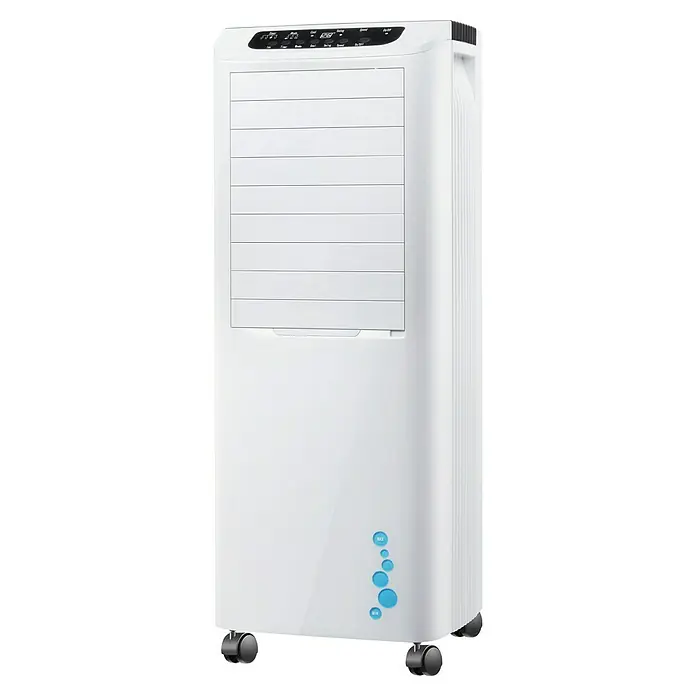 PR Klima Climatizador evaporativo 13 L - Blanco/Negro, Altura: 81 cm - Enfriador de aire portátil blanco con ruedas y panel de control digital para un control climático flexible y agradable.