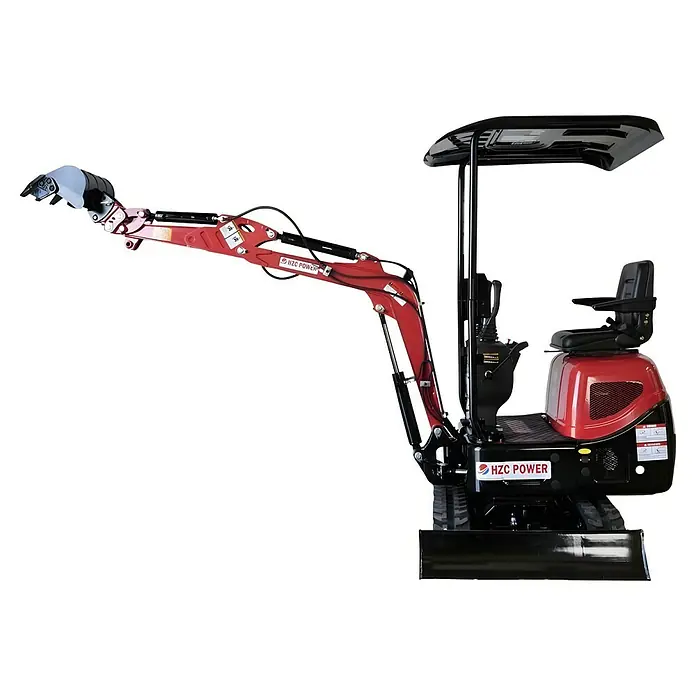 HZC Power Minibagger BKB941 - 15 PS, Benzin, Auslegerschwenkbereich: -60 ° - 60 ° - Das Bild zeigt einen roten Minibagger von HZC Power mit ausgefahrenem Arm und Schaufel, ideal für kleine Baustellen und Gartenarbeiten.