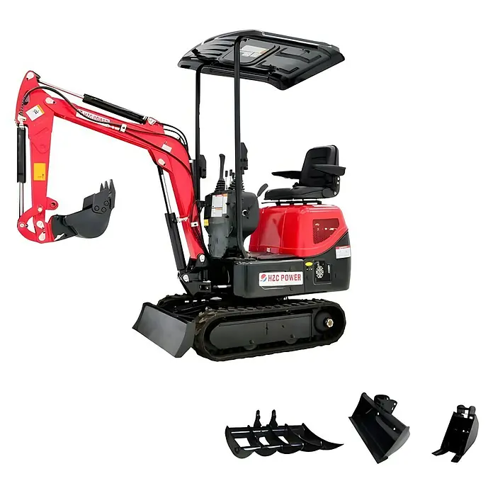 HZC Power Minibagger BKB941 - 15 PS, Benzin, Auslegerschwenkbereich: -60 ° - 60 ° - Roter HZC Power Minibagger mit Kabine und Schaufel. Kompakter Bagger für vielfältige Bauarbeiten.