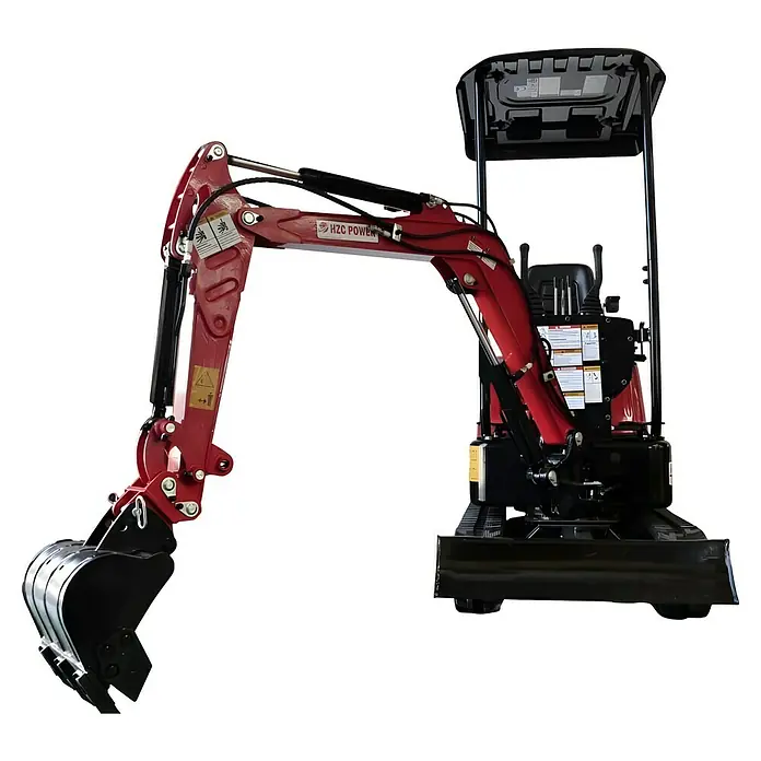 HZC Power Minibagger BKB941 - 15 PS, Benzin, Auslegerschwenkbereich: -60 ° - 60 ° - Nahaufnahme eines roten HZC Power Minibaggers mit schwarzer Schaufel vor schwarzem Hintergrund.