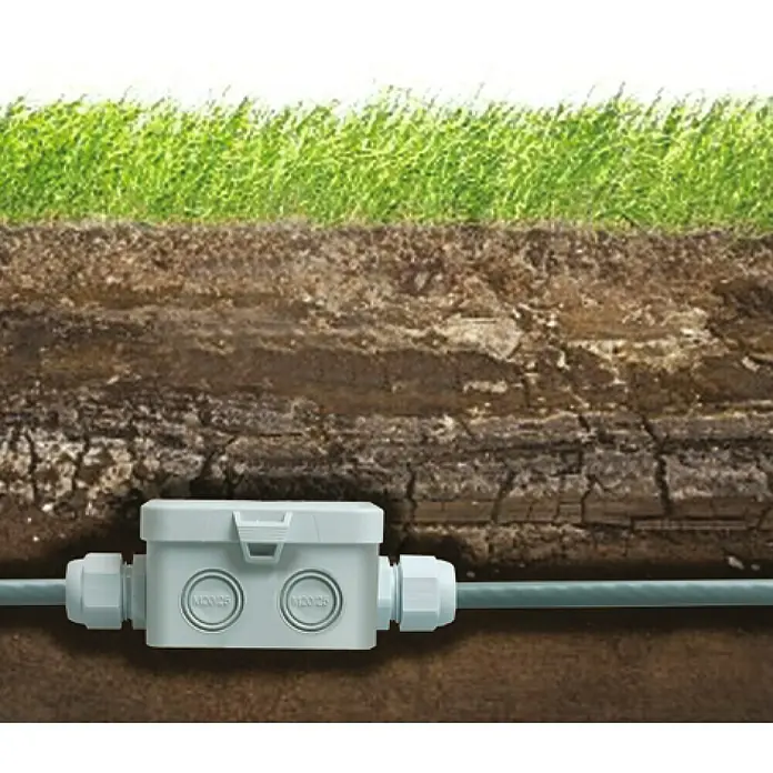 Kaiser Feuchtraum-Abzweigdose Installations-Set Outdoor IP68BOX - 95 x 95 x 55 mm, Aufputz, IP68 - Aufnahme eines wasserdichten Anschlusskastens mit Kabelverschraubungen in einer Erdschicht mit Grasnarbe.