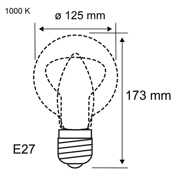 Paulmann Bombillas R125 - 150 W, Rojo, Reflector - Dibujo técnico de una bombilla E27 con dimensiones de 125 mm de diámetro y 173 mm de altura, además de una temperatura de color de 1000 K.