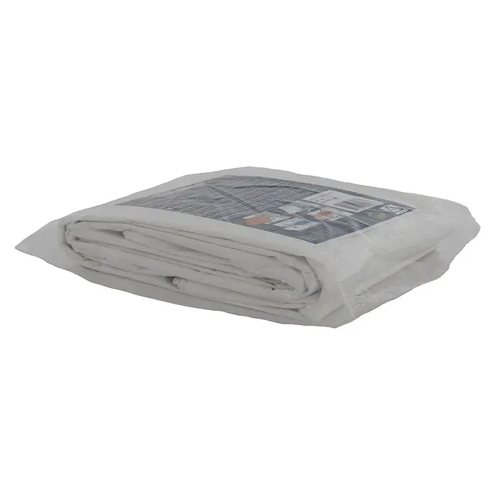 Talamex Gewebeplane - L x B: 4 x 6 m, 100 g/m², Kunststoff - Eine verpackte, gefaltete weiße Plane, gut geschützt in durchsichtiger Plastikfolie, bereit für vielfältige Abdeck- und Schutzanwendungen.