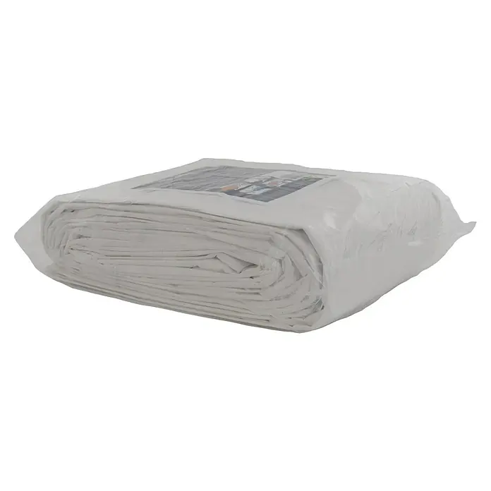 Talamex Gewebeplane - L x B: 10 x 12 m, 100 g/m², Kunststoff - Ein verpacktes Paket weißer Malerabdecktücher, die vor Farbspritzern schützen und die Reinigung nach dem Malen erleichtern.