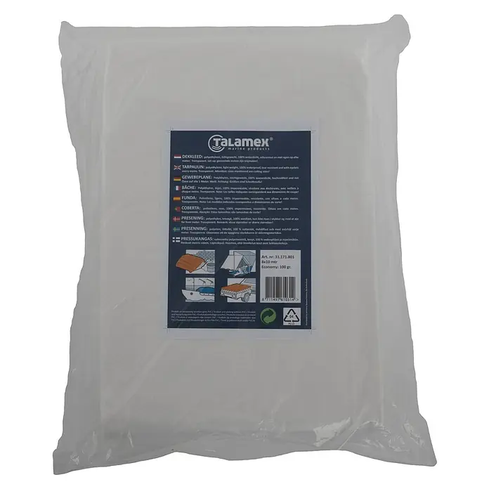 Talamex Gewebeplane - L x B: 8 x 10 m, 100 g/m², Kunststoff - Transparent Talamex Plane, 100% wasserdicht und reißfest, mit Ösen alle Meter. Ideal zum Abdecken und Schützen vor Witterungseinflüssen.