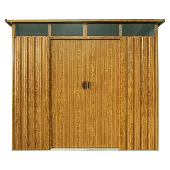 Pergart Gerätehaus Lübeck 88 - Außenmaß inkl. Dachüberstand (B x T): 236 x 238 cm, Stahl, Braun - Ansicht eines geräumigen Holzschuppens mit Doppeltüren und Oberlicht für zusätzlichen Stauraum und natürliches Licht.