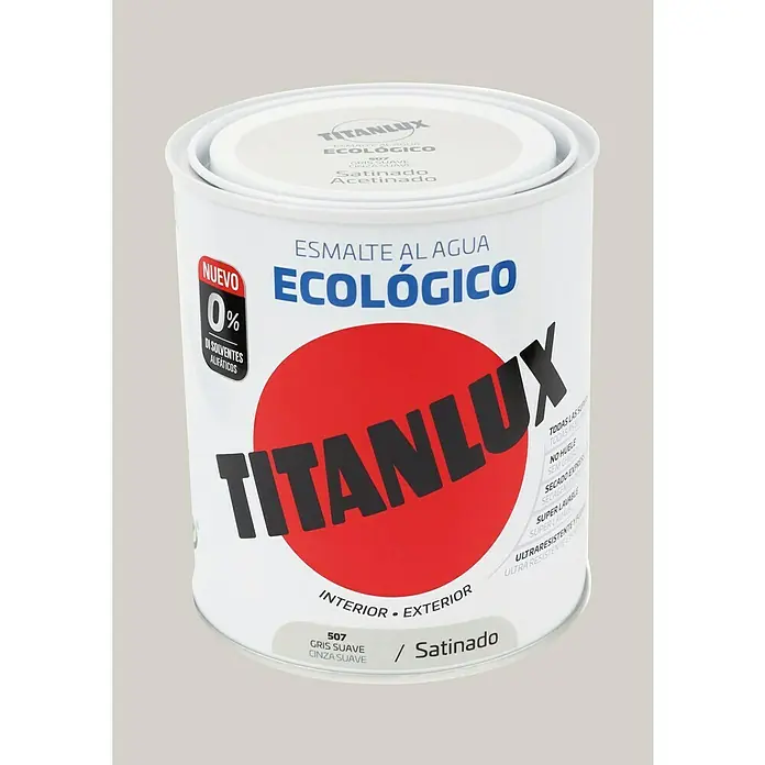 Titanlux Esmalte de color Eco - Gris suave, Satinado, 750 ml, Base de agua - Bote de esmalte al agua Titanlux, ecológico, color gris suave, acabado satinado para interiores y exteriores.