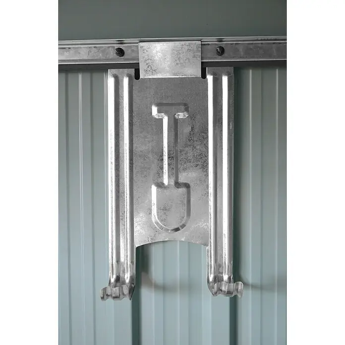 Pergart Doppelhaken - Passend für: Pergart Gerätehäuser (ausgenommen Rheinfelden), Feuerverzinkt - Metallhalterung mit Schaufeldesign zur Aufbewahrung von Gartengeräten an einer Wand.