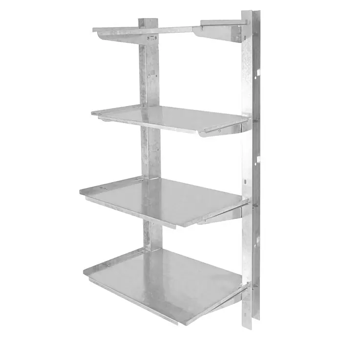 Pergart Regal-Set - Passend für: Gerätehäuser, B x T x H: 25 x 34 x 86 cm, Stahl - Ein silbernes Regalsystem mit vier Regalen wird gezeigt, ideal für Lagerung und Organisation in Werkstätten oder Lagerräumen.