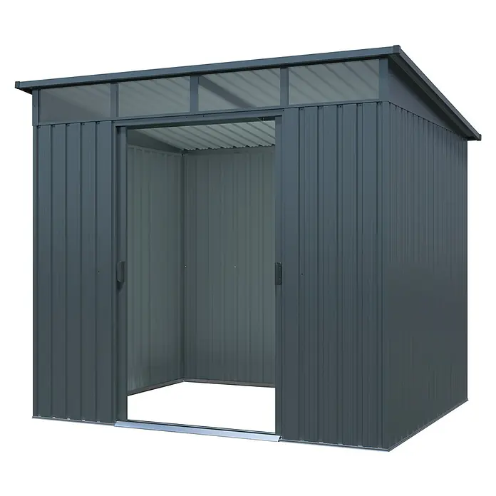 Pergart Gerätehaus Lübeck 88 - Außenmaß inkl. Dachüberstand (B x T): 236 x 238 cm, Stahl, Braun - Das Bild zeigt ein modernes, graues Metallgartenhaus mit Schiebetüren und einem transparenten Dachaufsatz.