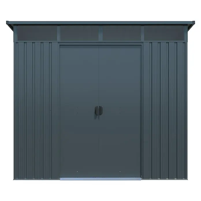 Pergart Gerätehaus Lübeck 88 - Außenmaß inkl. Dachüberstand (B x T): 236 x 238 cm, Stahl, Braun - Frontansicht eines geräumigen, grauen Metallgerätehauses mit Doppeltür und Oberlicht für Gartenwerkzeuge und -geräte.