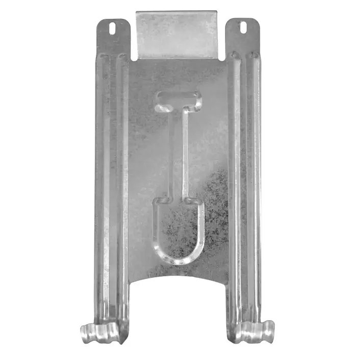 Pergart Doppelhaken - Passend für: Pergart Gerätehäuser (ausgenommen Rheinfelden), Feuerverzinkt - Nahaufnahme einer stabilen, verzinkten Wandbefestigung mit integriertem Schaufel-Design, ideal für die sichere Montage verschiedener Gegenstände.