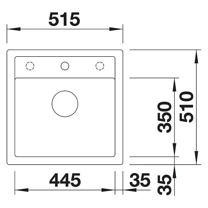 Blanco Einbauspüle Dalago 5 - B x L: 51,5 x 51 cm, Anthrazit - Abbildung eines Spülbeckens mit den Maßen 515 x 510 mm, Beckentiefe 350 mm und Hahnloch. Technische Zeichnung eines Küchenspülbeckens.