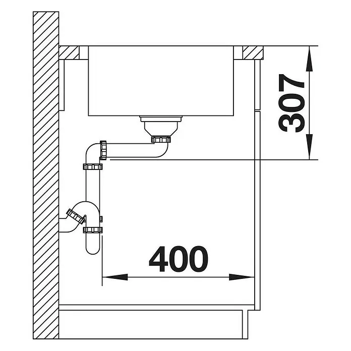 Blanco Einbauspüle Lemis 45 S-IF - B x L: 86 x 50 cm, Edelstahl - Technische Zeichnung eines Spülbeckens mit Abmessungen 307 mm Höhe und 400 mm Breite zur Küchenplanung.