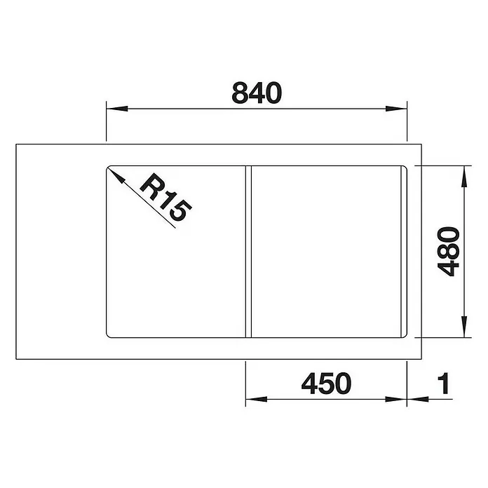Blanco Einbauspüle Lemis 45 S-IF - B x L: 86 x 50 cm, Edelstahl - Schematische Darstellung einer Spüle mit den Maßen 840x480mm, Eckradius R15 und detaillierten Maßangaben zur Einbauplanung.