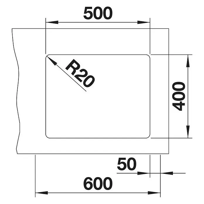 Blanco Einbauspüle Etagon 500-U - 53 x 37 cm, Anthrazit, Einbauart: Unterbau - Technische Zeichnung eines rechteckigen Waschbeckens mit abgerundeten Ecken, Maße 500x400 mm, Eckradius R20, Unterschrankbreite 600 mm.