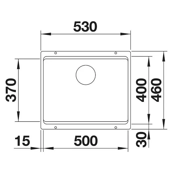 Blanco Einbauspüle Etagon 500-U - 53 x 37 cm, Anthrazit, Einbauart: Unterbau - Abbildung einer Spüle mit den Maßen 530 x 370 mm und einem Becken von 500 x 400 mm, die eine detaillierte Produktübersicht bietet.