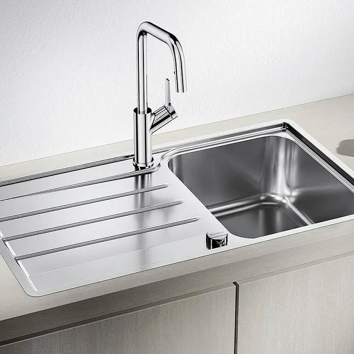 Blanco Einbauspüle Lemis 45 S-IF - B x L: 86 x 50 cm, Edelstahl - Spültisch aus Edelstahl mit Abtropffläche und modernem Wasserhahn. Ideal für jede moderne Küche.