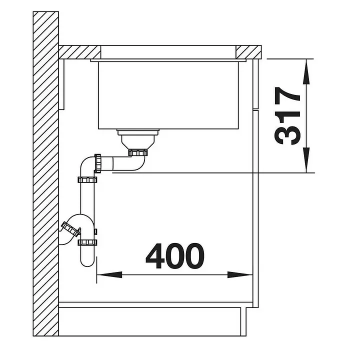 Blanco Einbauspüle Etagon 500-U - 53 x 37 cm, Anthrazit, Einbauart: Unterbau - Technische Zeichnung eines Spülbeckens mit den Maßen 317 mm Höhe und 400 mm Breite, ideal für Küchenplanung und Installation.