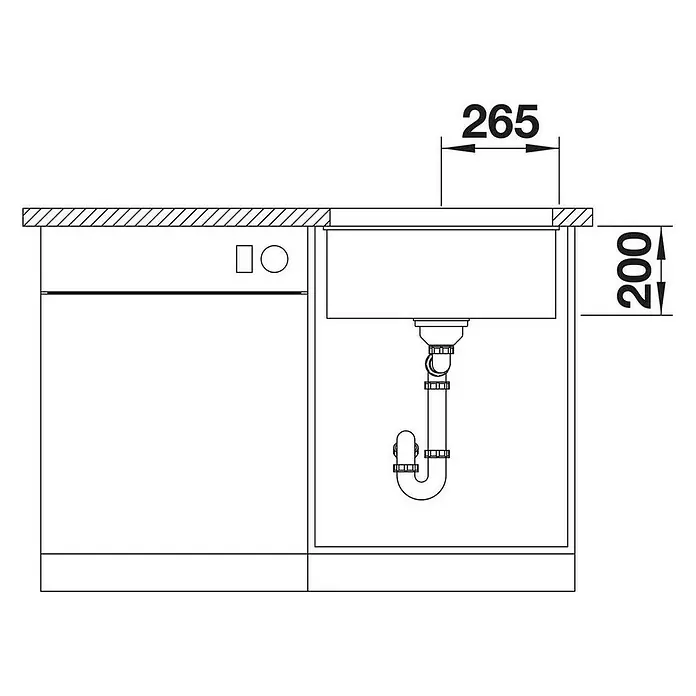 Blanco Einbauspüle Etagon 500-U - 53 x 37 cm, Anthrazit, Einbauart: Unterbau - Schema einer Küchenspüle mit den Maßen 265 x 200 mm, inklusive Siphon und angrenzendem Geschirrspüler.