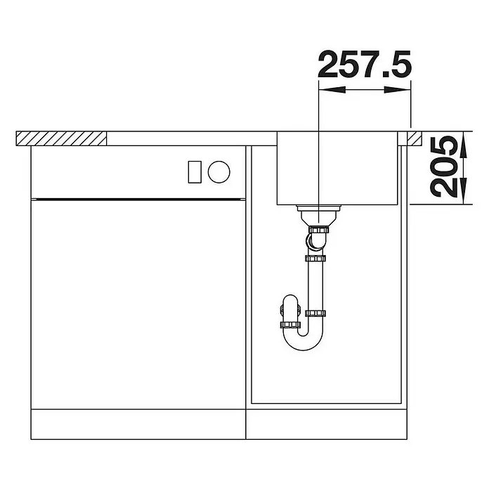 Blanco Einbauspüle Lemis 45 S-IF - B x L: 86 x 50 cm, Edelstahl - Eine schematische Darstellung einer Spüle mit den Maßen 257,5 mm Breite und 205 mm Tiefe, eingebaut in einen Schrank.
