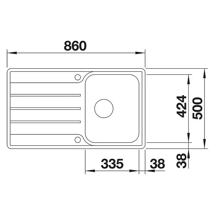Blanco Einbauspüle Lemis 45 S-IF - B x L: 86 x 50 cm, Edelstahl - Produktdiagramm einer Spüle mit Maßangaben. Die Spüle ist rechteckig mit einem runden Becken.