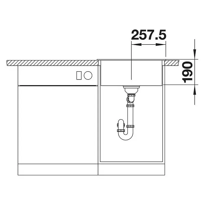 Blanco Einbauspüle Dalago 5 - B x L: 51,5 x 51 cm, Anthrazit - Schemazeichnung eines Spülbeckens mit Maßangaben (257.5, 190) zur Verdeutlichung der Produktabmessungen. Praktische Küchenplanung leicht gemacht!