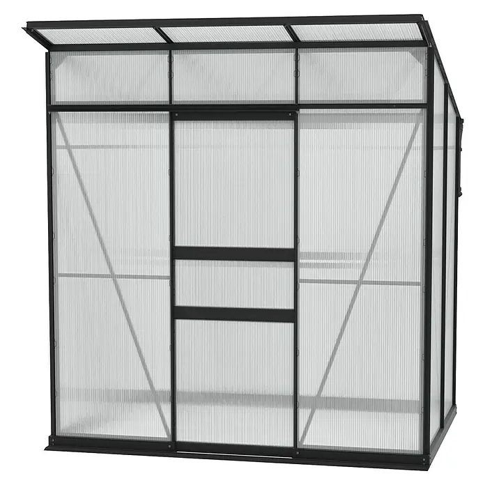 Vitavia Gewächshaus Fokus Kunststoff - Schwarz, Außenmaß inkl. Dachüberstand (B x T): 1.672 x 1.958 cm, Material Seitenwand: Kunststoff - Abbildung eines Gewächshauses mit schwarzem Rahmen und transluzenten Paneelen. Es ist für Pflanzenwachstum und Gartenarbeit konzipiert.