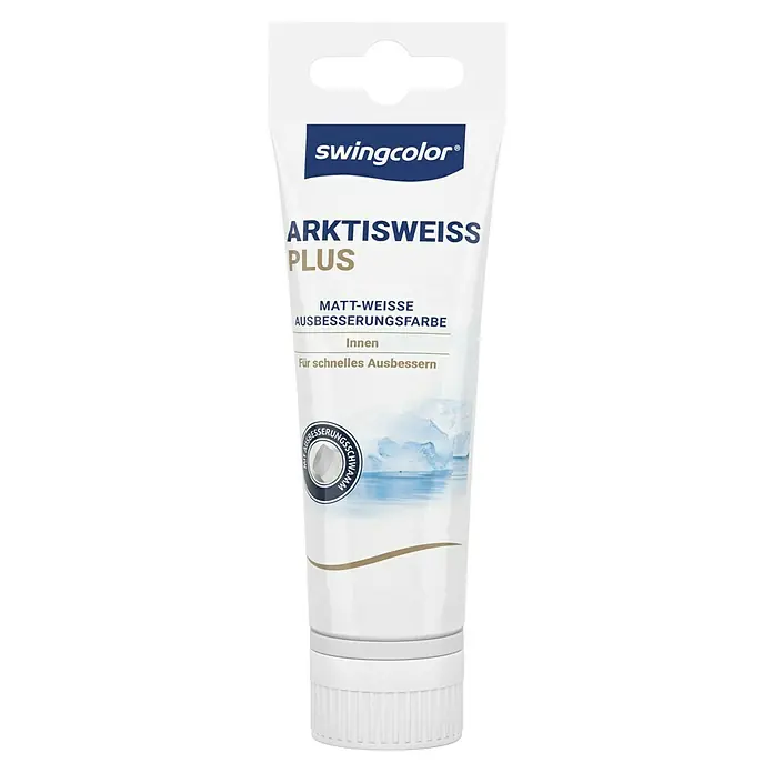 swingcolor Wandfarbe Ausbesserungstube Arktisweiß Plus - Schneeweiß, Matt, 100 ml - Tube Arktisweiss Plus Matt-Weisse Ausbesserungsfarbe von Swingcolor, ideal für Innenräume, mit Schwamm für schnelles Ausbessern.