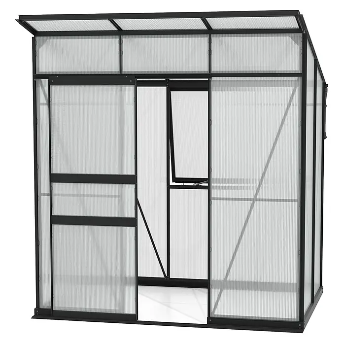Vitavia Gewächshaus Fokus Kunststoff - Schwarz, Außenmaß inkl. Dachüberstand (B x T): 1.672 x 1.958 cm, Material Seitenwand: Kunststoff - Ein geräumiges Gewächshaus mit transparenten Paneelen und einem schwarzen Rahmen. Perfekt für Gartenliebhaber.