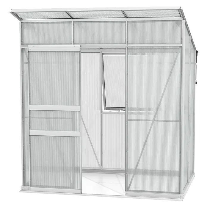 Vitavia Gewächshaus Fokus Kunststoff - Aluminium, Außenmaß inkl. Dachüberstand (B x T): 1.672 x 1.958 cm, Material Seitenwand: Kunststoff - Bild eines Polycarbonat-Gewächshauses mit Schiebetüren und einem Kippfenster für den Garten.