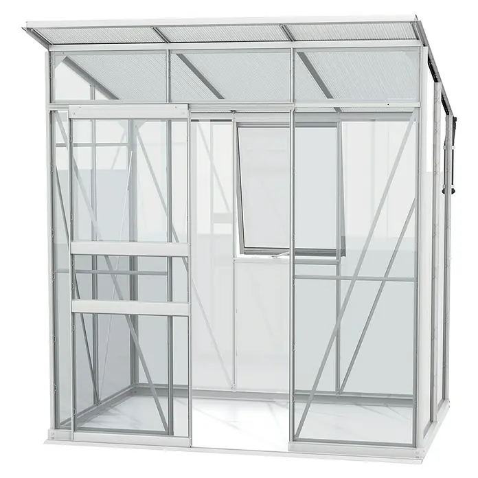 Vitavia Gewächshaus Fokus Glas - Material Seitenwand: Glas, Außenmaß inkl. Dachüberstand (B x T): 1.672 x 1.958 cm, Aluminium - Nahaufnahme eines Gewächshauses mit Schiebetüren und einem Fenster. Ideal für Gartenliebhaber.
