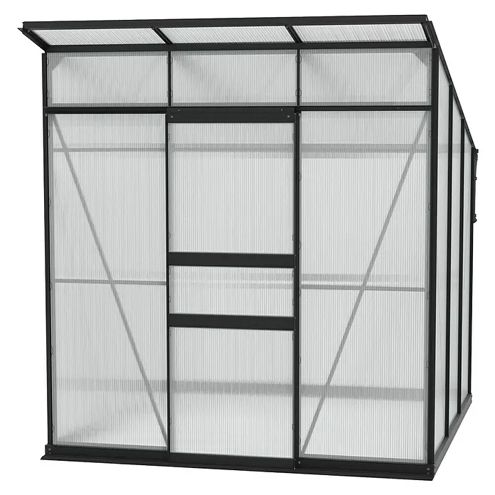 Vitavia Gewächshaus Fokus Kunststoff - Schwarz, Außenmaß inkl. Dachüberstand (B x T): 2.294 x 1.958 cm, Material Seitenwand: Kunststoff - Eine moderne Gewächshauskonstruktion mit transparenten Wänden und einem robusten schwarzen Rahmen für den Garten oder den Anbau.