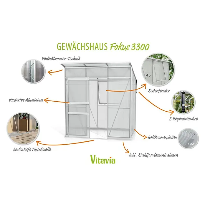 Vitavia Gewächshaus Fokus Kunststoff - Aluminium, Außenmaß inkl. Dachüberstand (B x T): 1.672 x 1.958 cm, Material Seitenwand: Kunststoff - Produktabbildung des Gewächshauses Fokus 3300 mit Details zu Aluminium, Federklammertechnik, Seitenfenster, Regenfallrohre, Türschwelle und Stahlrahmen.