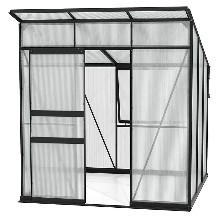 Vitavia Gewächshaus Fokus Kunststoff - Schwarz, Außenmaß inkl. Dachüberstand (B x T): 2.294 x 1.958 cm, Material Seitenwand: Kunststoff - Das Bild zeigt ein Gewächshaus mit Schiebetüren und einem Fenster, ideal für den Garten. Es bietet Platz für Pflanzen und Gemüse.