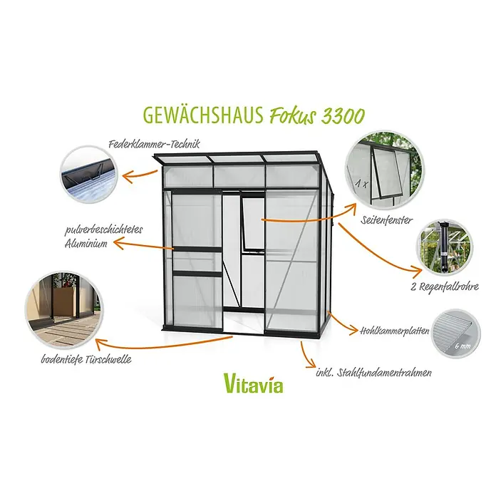 Vitavia Gewächshaus Fokus Kunststoff - Schwarz, Außenmaß inkl. Dachüberstand (B x T): 1.672 x 1.958 cm, Material Seitenwand: Kunststoff - Gewächshaus Fokus 3300 mit pulverbeschichtetem Aluminiumrahmen, Hohlkammerplatten, bodentiefer Türschwelle und Seitenfenster für optimale Nutzung.