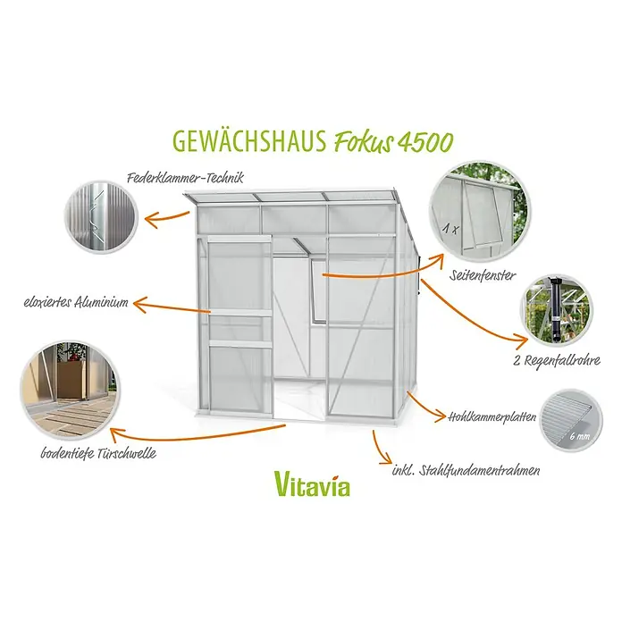 Vitavia Gewächshaus Fokus Kunststoff - Aluminium, Außenmaß inkl. Dachüberstand (B x T): 2.294 x 1.958 cm, Material Seitenwand: Kunststoff - Bild eines Gewächshauses Fokus 4500 mit eloxiertem Aluminiumrahmen, Federklemmer-Technik, Seitenfenster und bodentiefer Türschwelle.