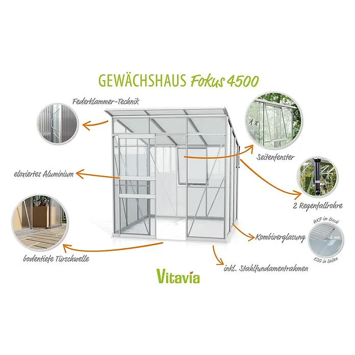 Vitavia Gewächshaus Fokus Glas - Material Seitenwand: Glas, Außenmaß inkl. Dachüberstand (B x T): 2.294 x 1.958 cm, Aluminium - Abbildung des Gewächshauses Fokus 4500 mit eloxiertem Aluminium, Federklemmer-Technik, bodentiefer Türschwelle und Kombiverglasung.