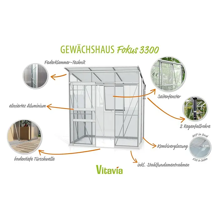 Vitavia Gewächshaus Fokus Glas - Material Seitenwand: Glas, Außenmaß inkl. Dachüberstand (B x T): 1.672 x 1.958 cm, Aluminium - Abbildung eines Gewächshauses Fokus 3300 mit Erläuterungen zu Federklemmer-Technik, eloxiertem Aluminium, bodentiefer Türschwelle und Kombiverglasung.