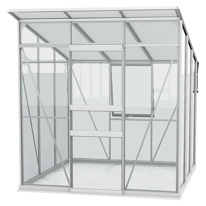 Vitavia Gewächshaus Fokus Glas - Material Seitenwand: Glas, Außenmaß inkl. Dachüberstand (B x T): 2.294 x 1.958 cm, Aluminium - Gewächshaus-Komplettansicht mit transparenter Struktur und Schiebetür, ideal für den Garten.