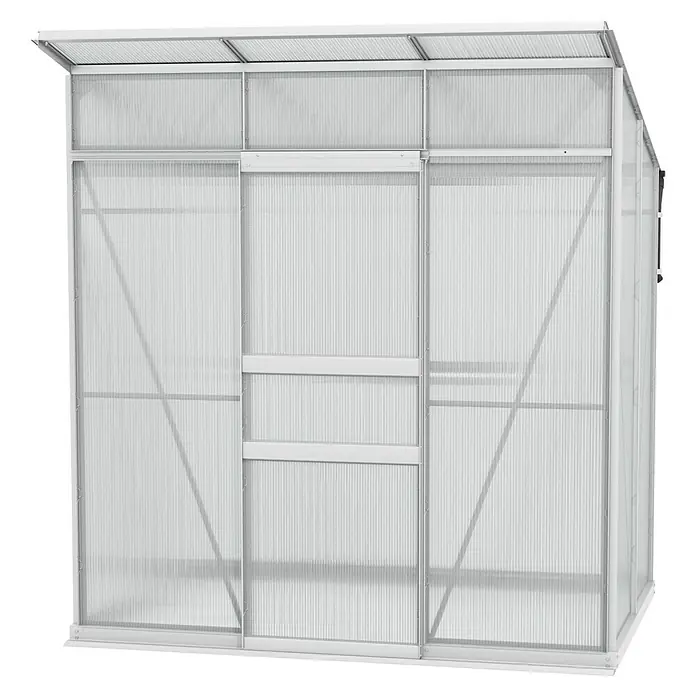 Vitavia Gewächshaus Fokus Kunststoff - Aluminium, Außenmaß inkl. Dachüberstand (B x T): 1.672 x 1.958 cm, Material Seitenwand: Kunststoff - Aufnahme eines geräumigen, weißen Gewächshauses mit klaren Paneelen, ideal für Gartenbauprojekte und Pflanzenwachstum.