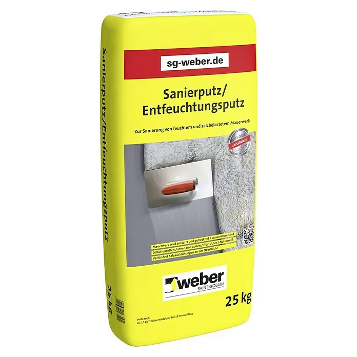 SG Weber Sanierputz Entfeuchtungsputz - 25 kg, Zement - Sack Sanierputz/Entfeuchtungsputz von Weber zur Sanierung von feuchtem Mauerwerk. Das Produkt ist diffusionsoffen, frostsicher und verhindert Salzausblühungen.
