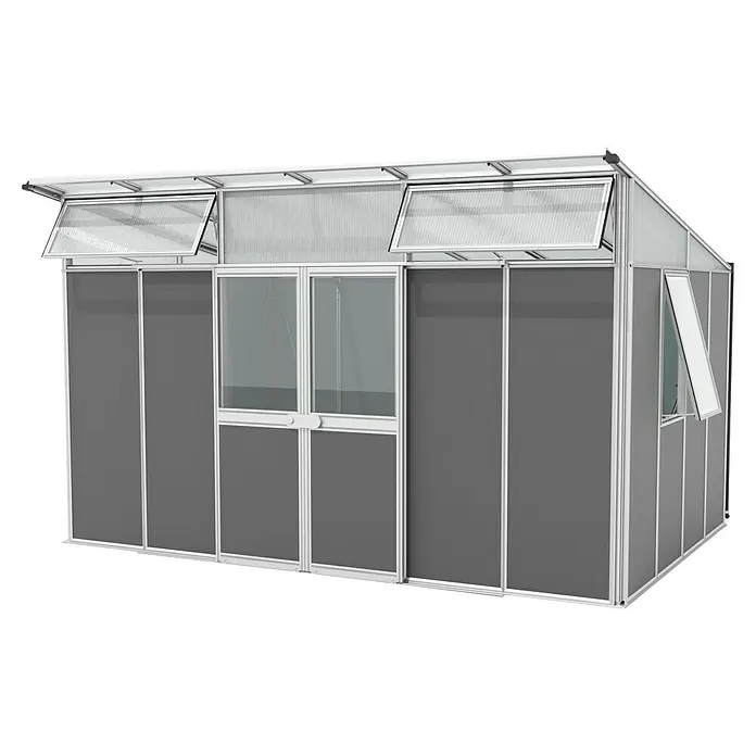 Vitavia Gerätehaus - Außenmaß inkl. Dachüberstand (B x T): 392,8 x 295 cm, Aluminium, Alu/Anthrazit - Detailansicht eines Gewächshauses mit grauen Paneelen, transparenten Fenstern und Belüftungsklappen zur Temperaturregulierung.