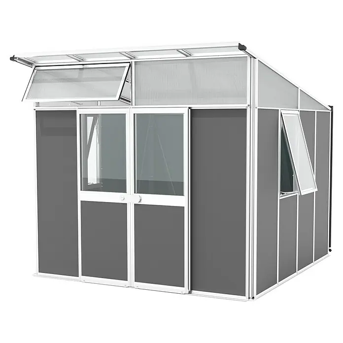 Vitavia Gerätehaus - Außenmaß inkl. Dachüberstand (B x T): 267 x 295 cm, Aluminium, Weiß/Anthrazit - Produktansicht eines Gewächshauses mit grauen Paneelen und weißen Rahmen. Die Fenster sind teilweise geöffnet, um die Belüftung zu zeigen.